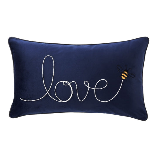 Navy Velvet Love Slogan Embroidered Bee Cushion (30cm x 50cm)