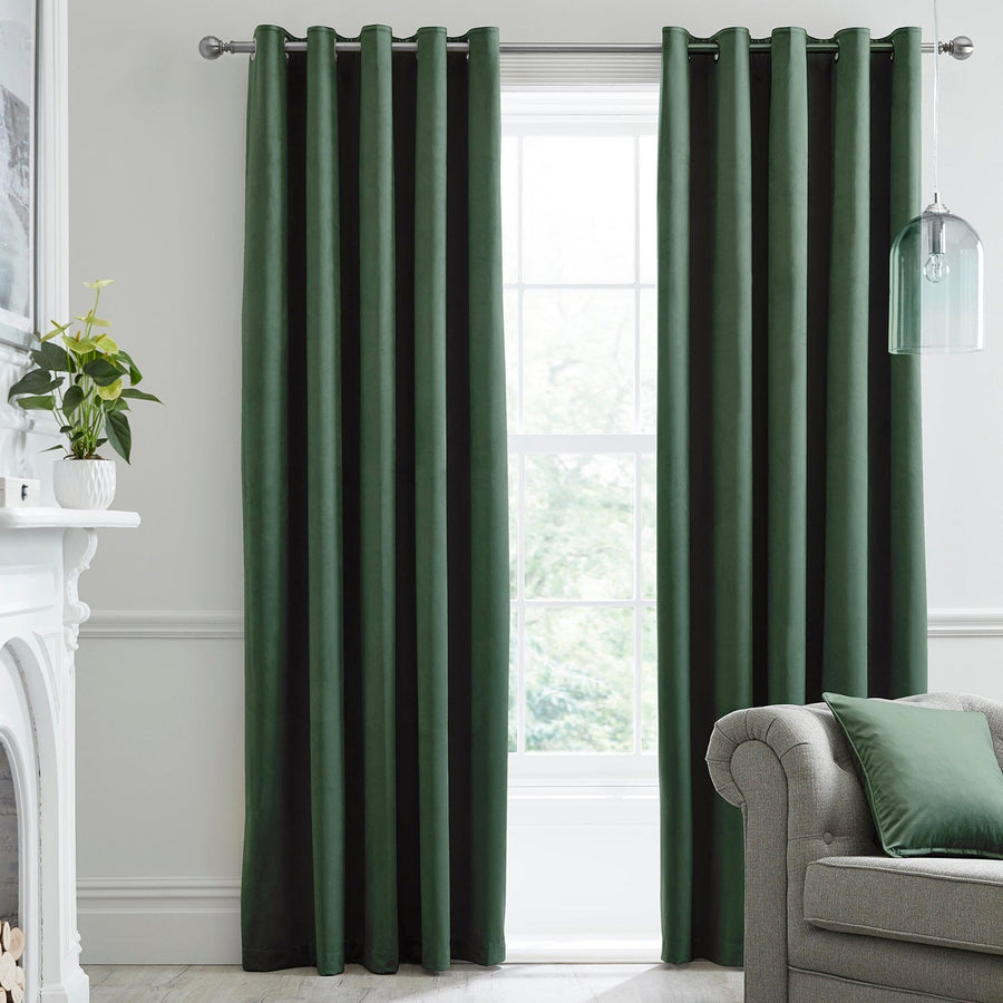 Montrose Bottle Green Velvet Blackout Thermal Coated Eyelet Curtains