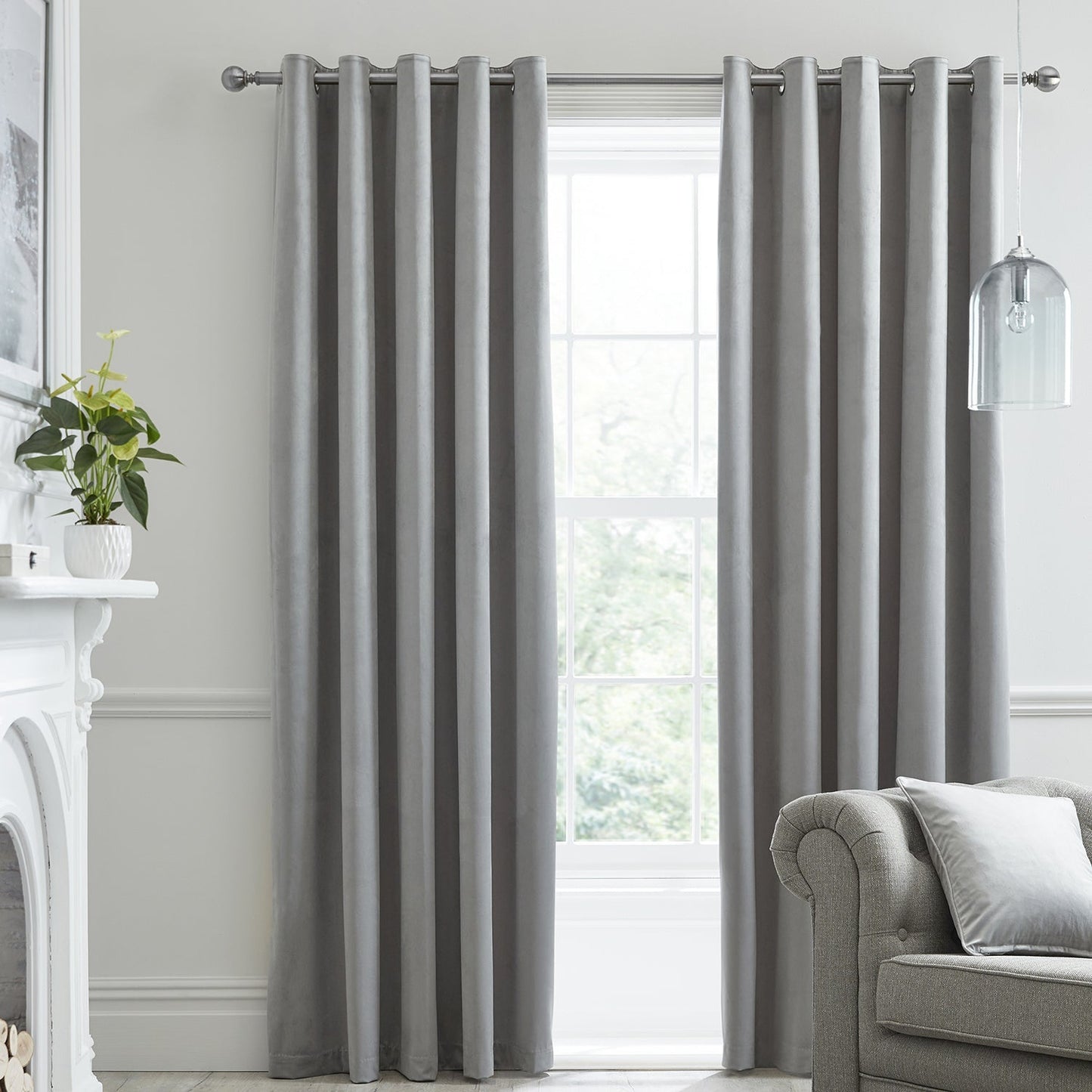 Montrose Silver Grey Velvet Blackout-Coated Eyelet Curtains