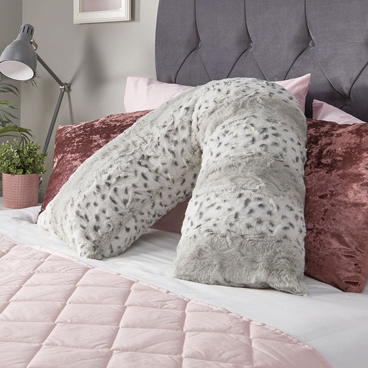 Snow Leopard Super Soft  V-Shaped Grey Faux Fur Pillow
