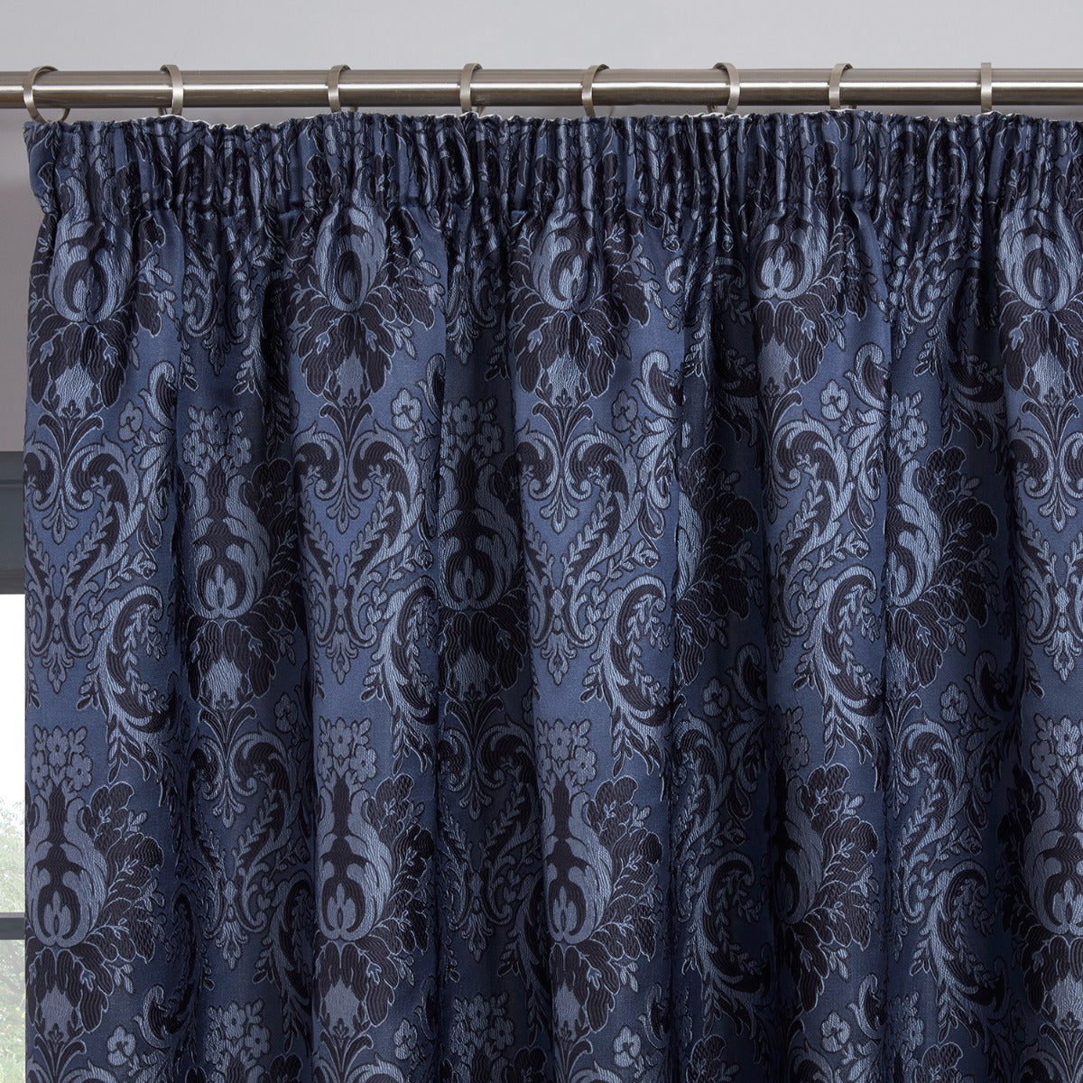 Tegola Navy Blue Luxury Jacquard Pencil Pleat Curtains